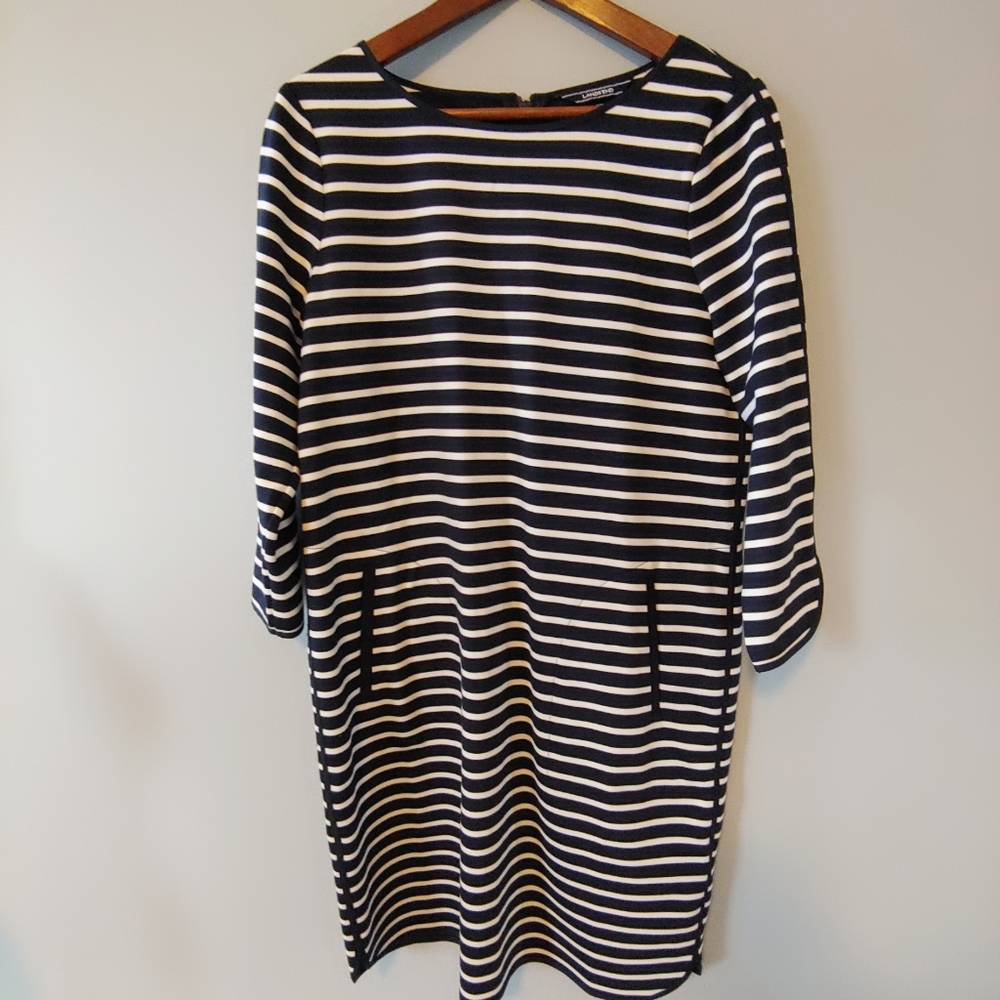 Land's End Navy Blue & White Stripped Shift Dress. - Picture 2 of 12